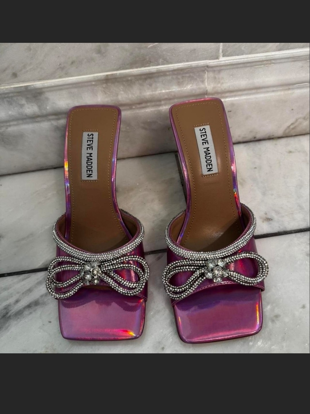 Steve Madden Iridescent Pink Crystal Bow Slide Mules